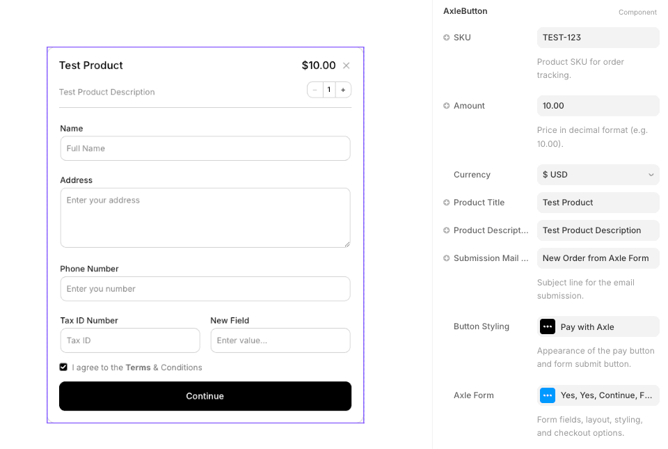 AxleButton component with form overlay and property panel
