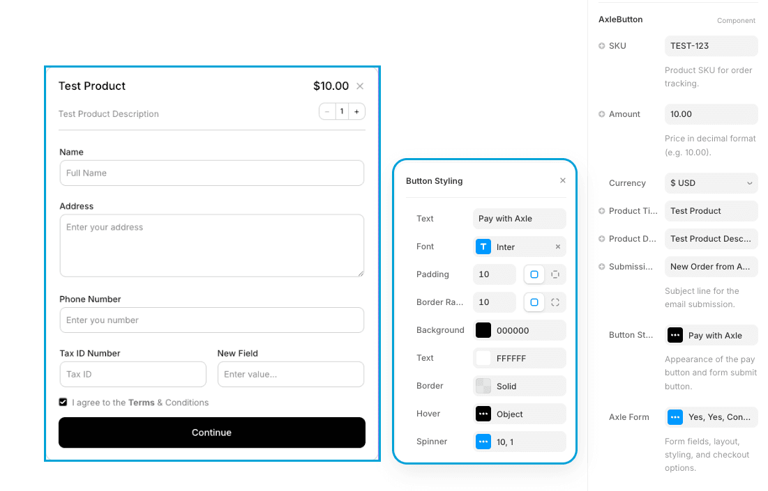 Button Styling panel showing text, font, padding, colors, border, hover, and spinner options