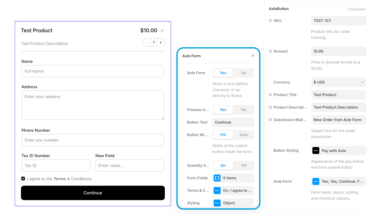 Axle Form settings panel showing form toggle, preview, button text, and field options