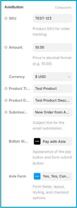 AxleButton property panel in Framer