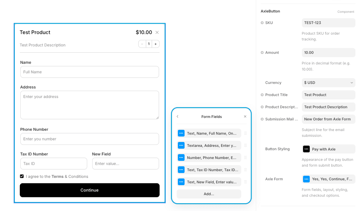 Form Fields panel showing field list with types and labels